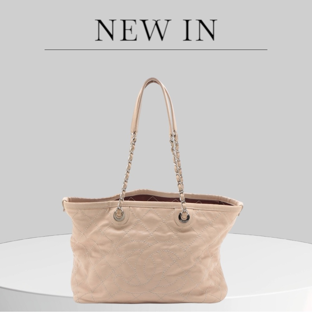CHANEL WILD STITCH CAVIAR SKIN CHAIN TOTE BAG BEIGE SILVER METAL FITTINGS
